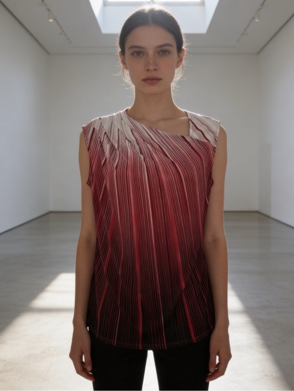 Worthington Red Black Abstract Print Asymmetrical Neck Sleeveless Top Size M